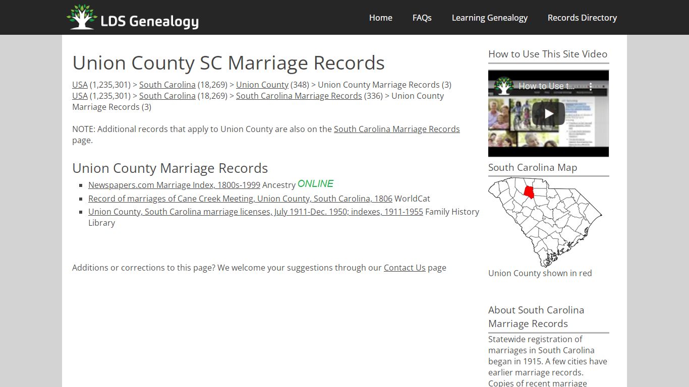 Union County SC Marriage Records - LDS Genealogy